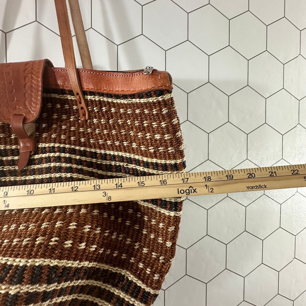 Handmade Woven Sisal Leather Tote Bag Brown Striped Boho Kiondo Shoulder Bag - Picture 7 of 8